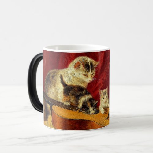 Mother Cat and Kittens Playing with Guitar Magic Mug