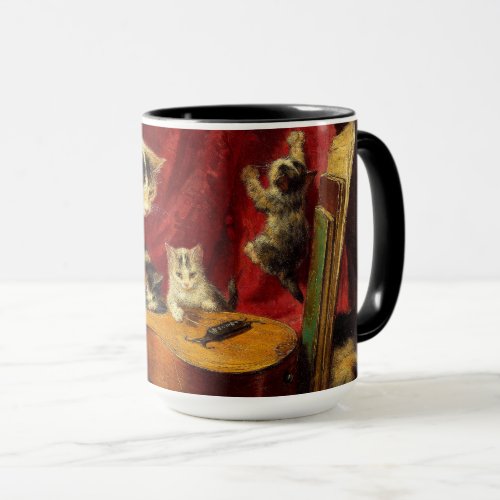 Mother Cat and Kittens Playing with Guitar Mug
