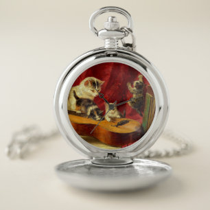 Mother Cat and Kittens Playing with Guitar Pocket Watch