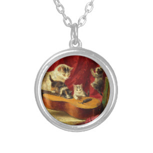 Mother Cat and Kittens Playing with Guitar Silver Plated Necklace
