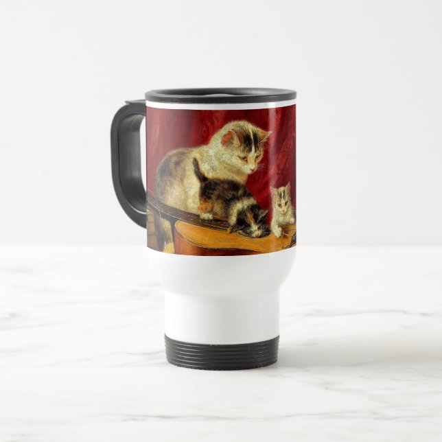 Mother Cat and Kittens Playing with Guitar Travel Mug (Front Left)