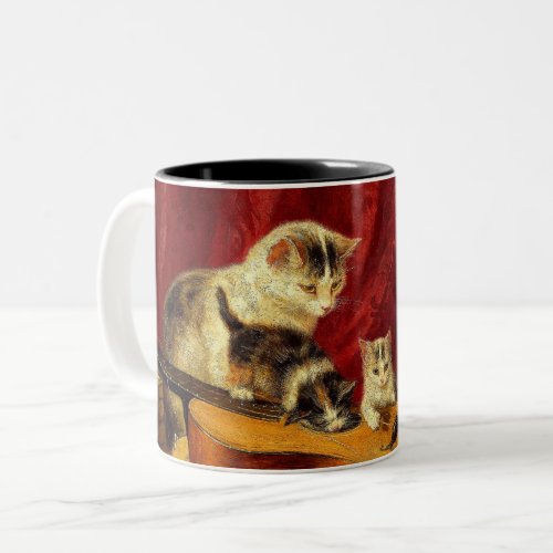 Mother Cat and Kittens Playing with Guitar Two_Tone Coffee Mug