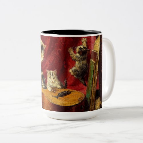 Mother Cat and Kittens Playing with Guitar Two_Tone Coffee Mug