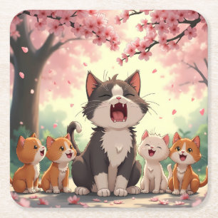 Mother Cat and Kittens under Cherry Blossom Cute Square Paper Coaster