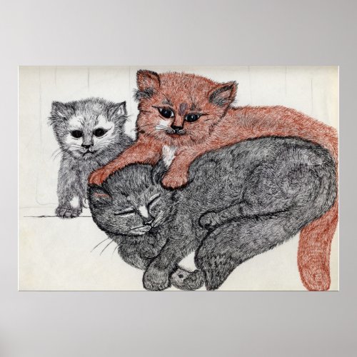 Mother Cat and Two Kittens Poster