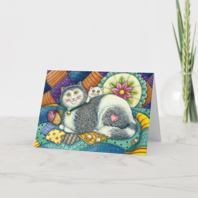 MOTHER CAT & KITTEN, PATCHWORK QUILTS, PINCUSHION CARD (Front)