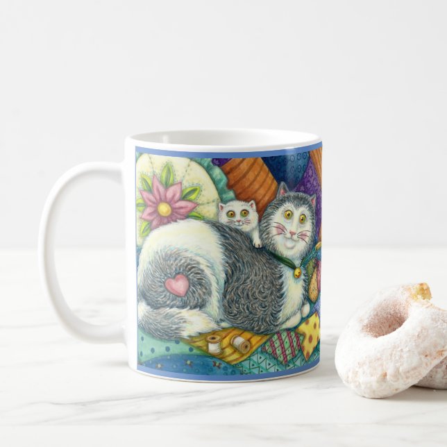 MOTHER CAT & KITTEN, PATCHWORK QUILTS, PINCUSHION COFFEE MUG (With Donut)