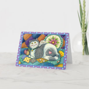 MOTHER CAT & KITTEN, PATCHWORK QUILTS, PINCUSHION HOLIDAY CARD