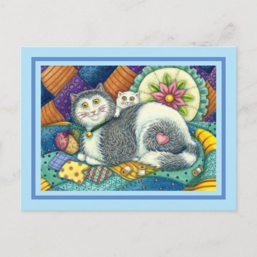 MOTHER CAT  KITTEN PATCHWORK QUILTS PINCUSHION HOLIDAY POSTCARD