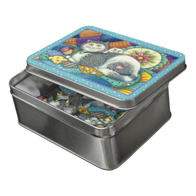 MOTHER CAT & KITTEN, PATCHWORK QUILTS, PINCUSHION JIGSAW PUZZLE (Lid Open)