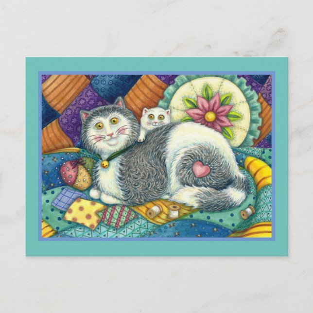 MOTHER CAT & KITTEN, PATCHWORK QUILTS, PINCUSHION POSTCARD (Front)