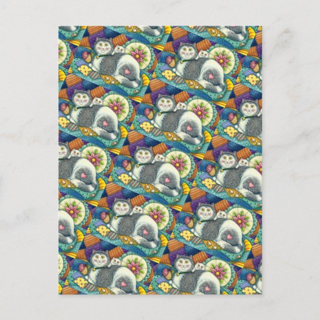 MOTHER CAT & KITTEN, PATCHWORK QUILTS, PINCUSHION POSTCARD (Front)