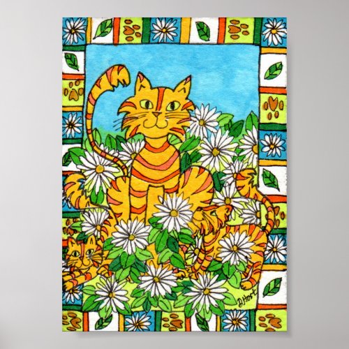 Mother Cat  Kittens in Daisy Patch Mini Folk Art Poster
