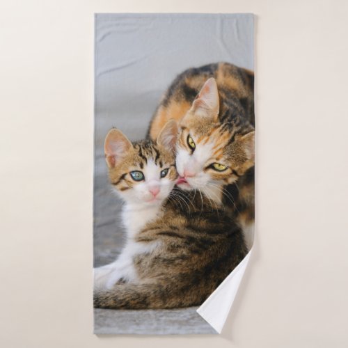 Mother Cat Loves Cute Baby Kitten Animal Pet Photo Bath Towel Set