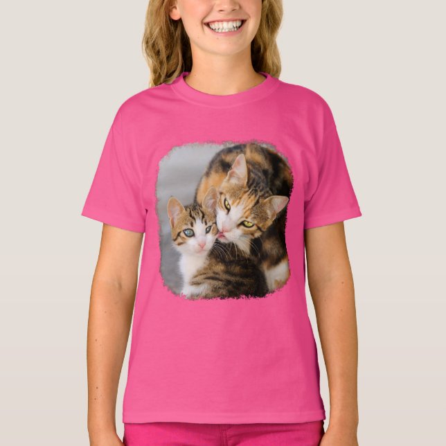Mother Cat Loves Cute Kitten Photo - pink girl T-Shirt (Front)