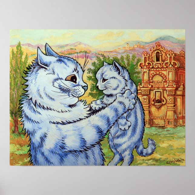 Mother Cat Picking up Kitten, Louis Wain Poster (Front)