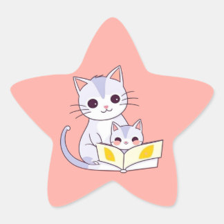 Mother Cat Reading to Her Kitten Star Sticker