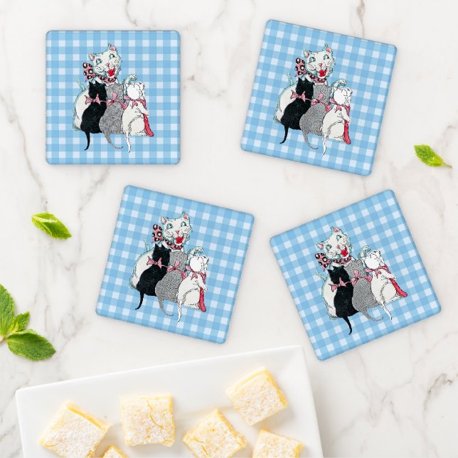 Mother Cat With Cute Kittens Bows Blue Plaid Coaster Set (In Situ)
