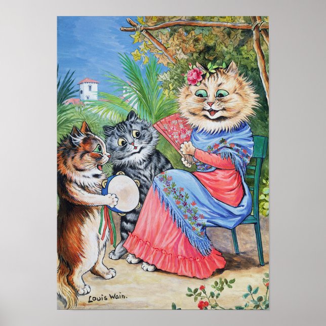Mother Cat with Fan and Kittens, Louis Wain Poster (Front)