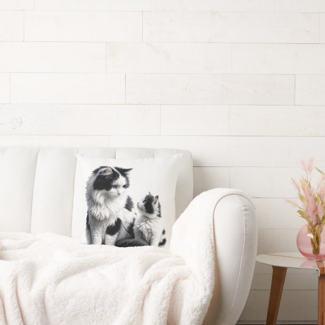 Mother Cat With Kitten On White Throw Pillow (Couch)