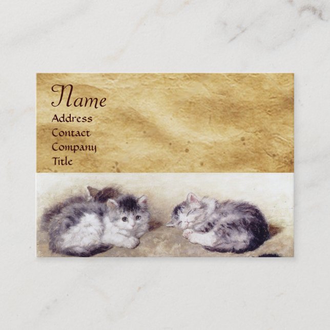 MOTHER CAT WITH KITTENS Parchment Monogram Business Card (Front)