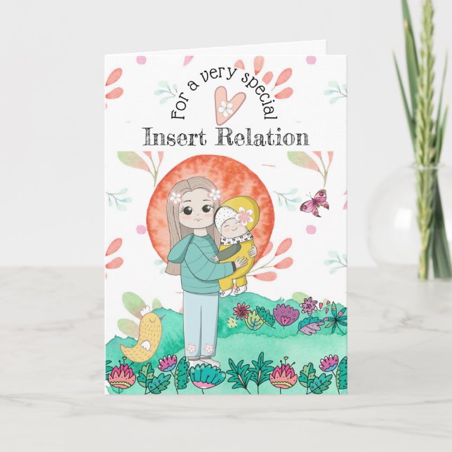 Mother child whimsical garden spring baby bird art card (Front)