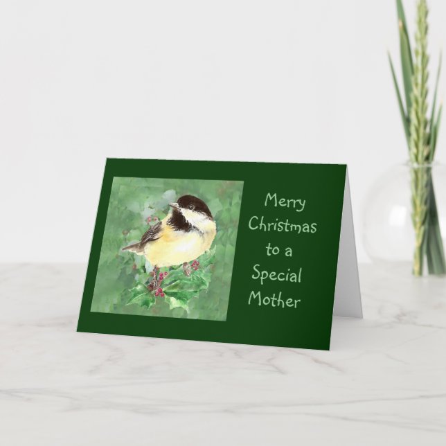 Mother  Christmas Chickadee Bird Holly Nature Art Holiday Card (Front)