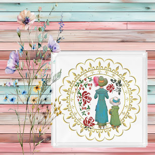 Mother Daughter Duo Red Roses Floral Golden Border Acrylic Tray