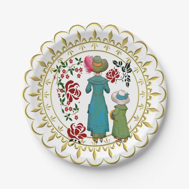  Mother Daughter Duo Red Roses Floral Greenery Paper Plates (Front)