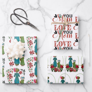 Mother Daughter Duo Red Roses Love You Mom Floral  Wrapping Paper Sheets