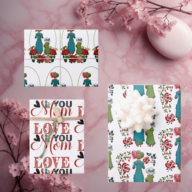 Mother Daughter Duo Red Roses Love You Mom Floral  Wrapping Paper Sheets (Mother Daughter Duo Red Roses Love You Mom Floral Wrapping Paper Sheets)
