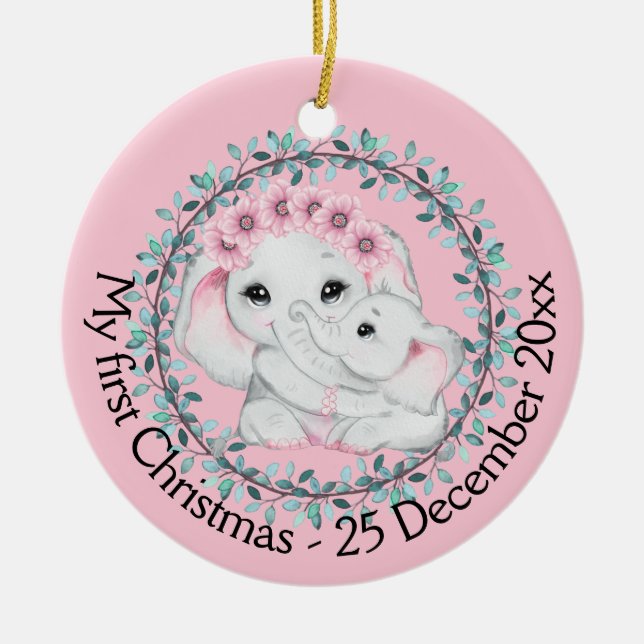 Mother daughter first Christmas photo elephant  Ceramic Ornament (Front)