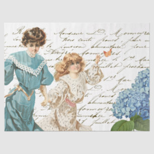Mother Daughter French Script Blue Flower Vintage Tissue Paper