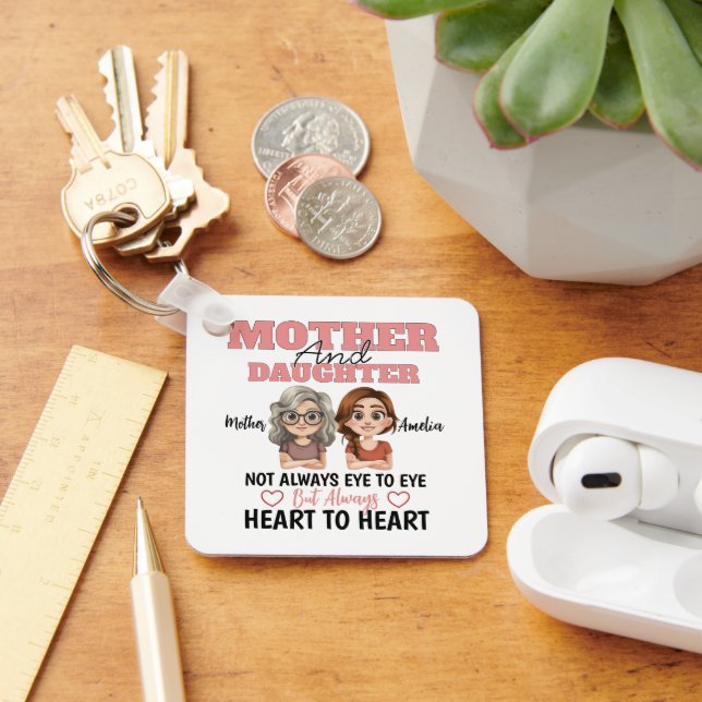 Mother & Daughter Hearts Connected Across Distance Keychain (Desk)