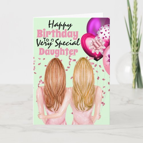 Mother daughter holding pink balloons confetti card