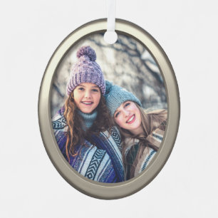 Mother & Daughter Modern Silver Custom Photo Oval Metal Ornament