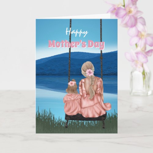 Mother daughter on swing country river mothers day card