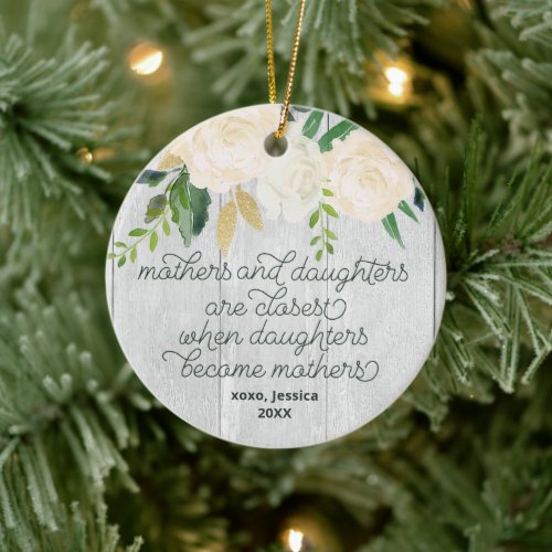 Mother  Daughter Personalized Rustic Floral Wood Ceramic Ornament