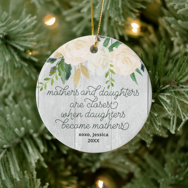 Mother & Daughter Personalized Rustic Floral Wood Ceramic Ornament (Tree)
