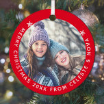 Mother Daughter Red White Personalized Christmas Metal Ornament<br><div class="desc">Cute and rustic red design with heart and ornated Merry Christmas text. 
Personalized photo and text.
Discover more elegant xmas creations in my Stores on Zazzle!</div>