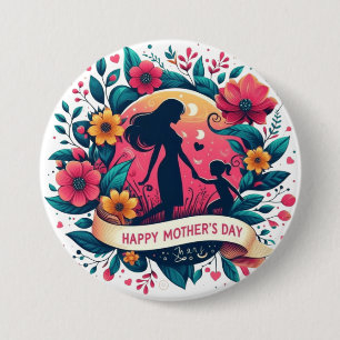 Mother & Daughter Silhouette Floral Mother's Day Button