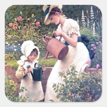 Mother Daughter Watering Flowers Painting Square Sticker by EDDESIGNS at Zazzle
