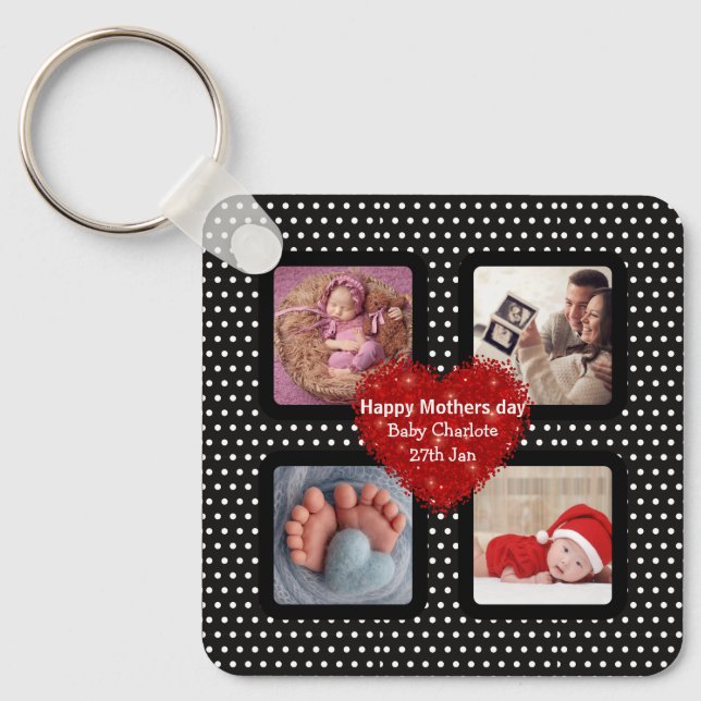 Mother day family photos collage black polka dots keychain (Front)