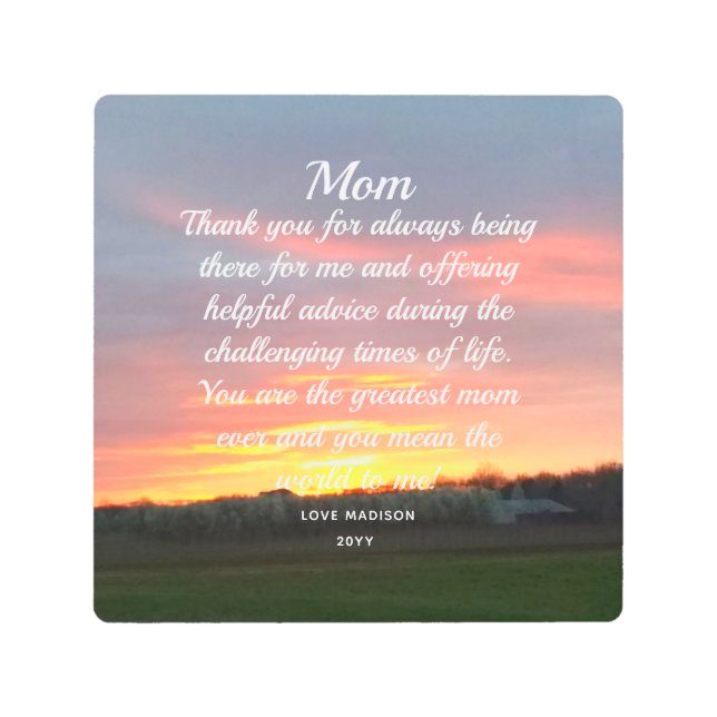 Mother Dear Mom Love Letter Sunset Personalized Metal Print (Front)