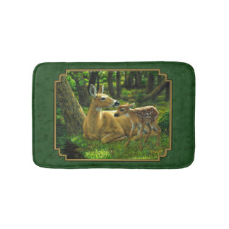 Mother Deer and Fawn Forest Green Bath Mat