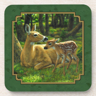 Mother Deer and Fawn Forest Green Beverage Coaster