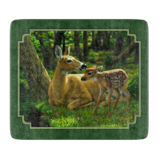 Mother Deer and Fawn Forest Green Cutting Board