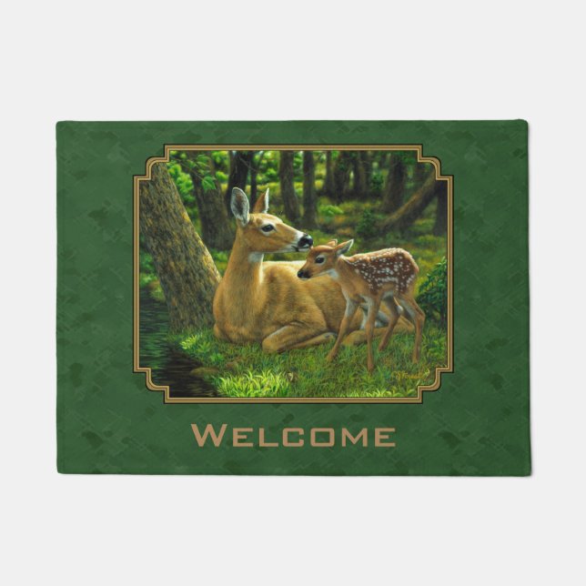 Mother Deer and Fawn Forest Green Doormat (Front)