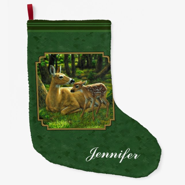 Mother Deer and Fawn Forest Green Large Christmas Stocking (Front)