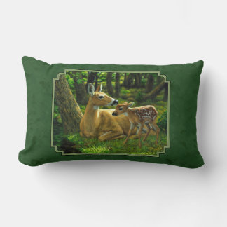Mother Deer and Fawn Forest Green Lumbar Pillow